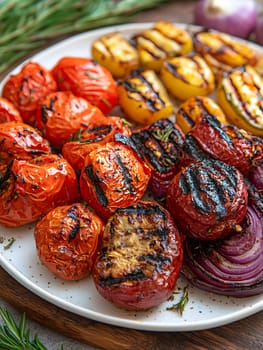Colorful grilled vegetables on plate represent the freshness and attention to detail of the food, suitable for health communication, advertising healthy food that emphasizes the balance of nutrients.