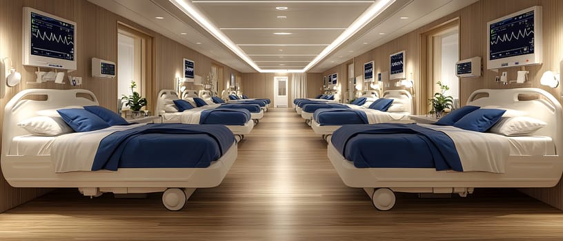 A futuristic hospital controlled by AI conveys the advancement of medical technology and high efficiency of healthcare. Perfect for illustrations for research articles about the future of healthcare.