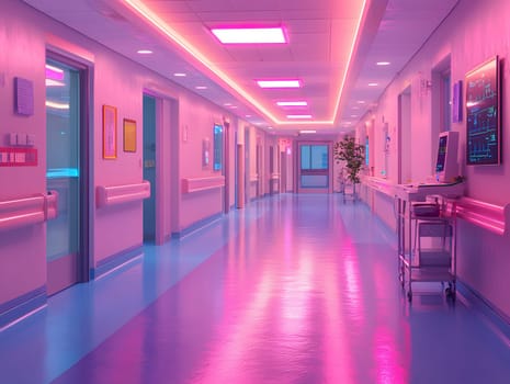 A futuristic hospital controlled by AI conveys the advancement of medical technology and high efficiency of healthcare. Perfect for illustrations for research articles about the future of healthcare.