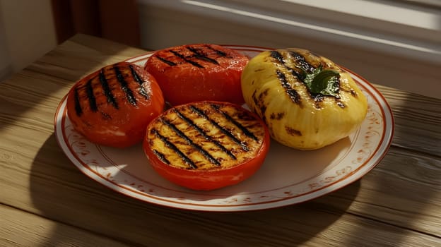 Colorful grilled vegetables on plate represent the freshness and attention to detail of the food, suitable for health communication, advertising healthy food that emphasizes the balance of nutrients.