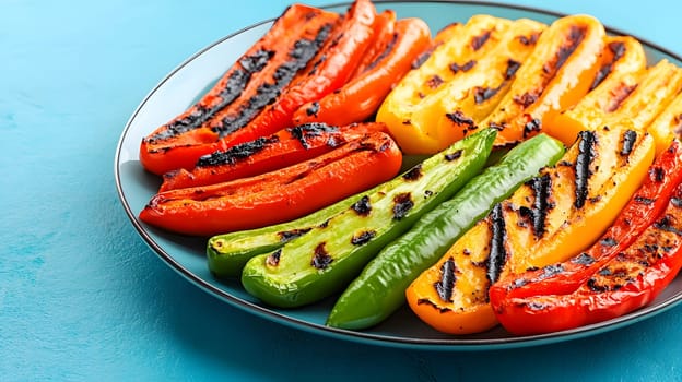 Colorful grilled vegetables on plate represent the freshness and attention to detail of the food, suitable for health communication, advertising healthy food that emphasizes the balance of nutrients.