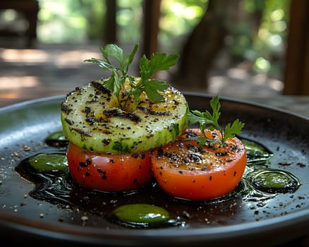 Colorful grilled vegetables on plate represent the freshness and attention to detail of the food, suitable for health communication, advertising healthy food that emphasizes the balance of nutrients.