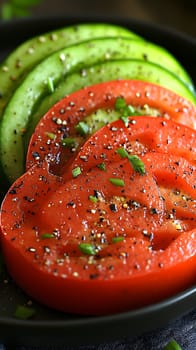 Colorful grilled vegetables on plate represent the freshness and attention to detail of the food, suitable for health communication, advertising healthy food that emphasizes the balance of nutrients.