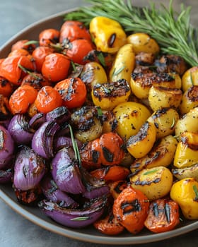 Colorful grilled vegetables on plate represent the freshness and attention to detail of the food, suitable for health communication, advertising healthy food that emphasizes the balance of nutrients.