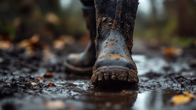 A person walks through a muddy path in rubber boots splashing through puddles during a rainy day in a forested area.