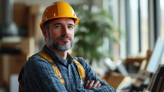 A confident construction worker stands with crossed arms wearing a hard hat in a well lit environment filled with tools and materials.