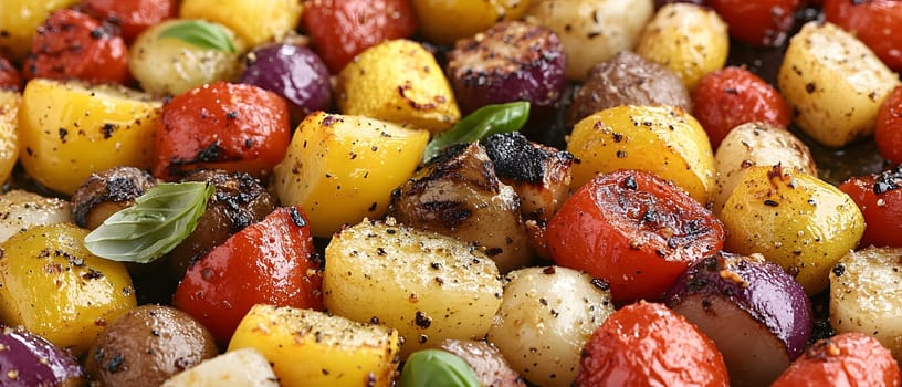 Colorful grilled vegetables on plate represent the freshness and attention to detail of the food, suitable for health communication, advertising healthy food that emphasizes the balance of nutrients.
