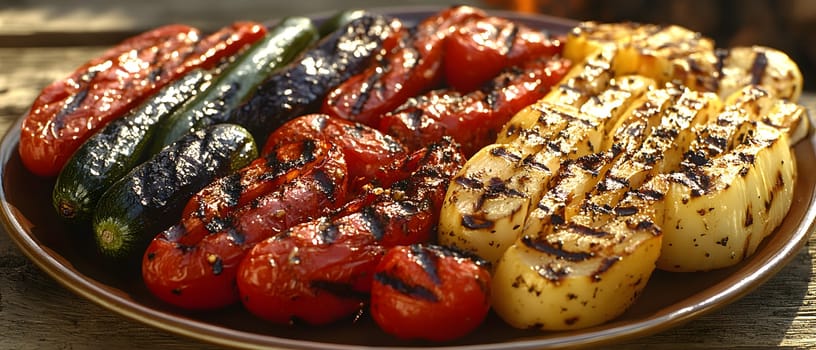 Colorful grilled vegetables on plate represent the freshness and attention to detail of the food, suitable for health communication, advertising healthy food that emphasizes the balance of nutrients.