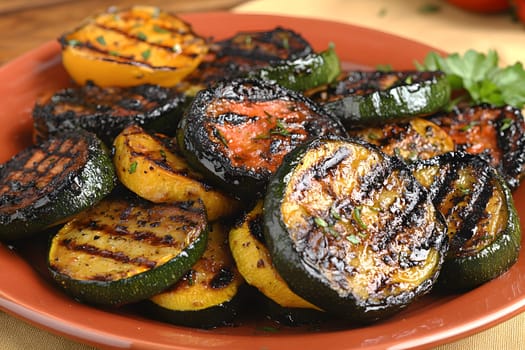 Colorful grilled vegetables on plate represent the freshness and attention to detail of the food, suitable for health communication, advertising healthy food that emphasizes the balance of nutrients.