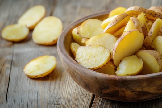 Sliced yellow potatoes filled a rustic wooden bowl resting on a wooden table ready for cooking or preparing a dish.
