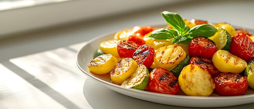 Colorful grilled vegetables on plate represent the freshness and attention to detail of the food, suitable for health communication, advertising healthy food that emphasizes the balance of nutrients.