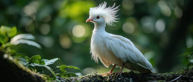 A distinctive white bird with a flamboyant crest stands on a mossy branch surrounded by lush greenery showcasing its unique appearance.