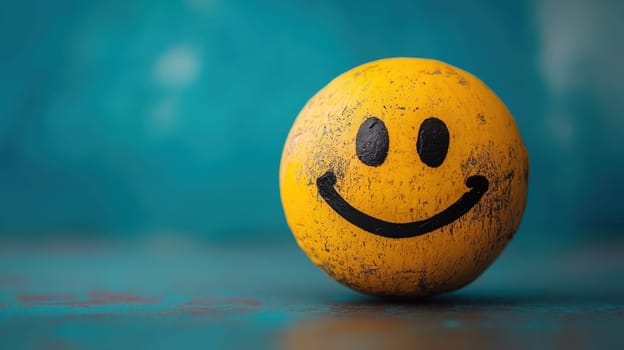 A vibrant yellow ball features a cheerful face design resting on a textured blue surface adding a whimsical touch to the scene.