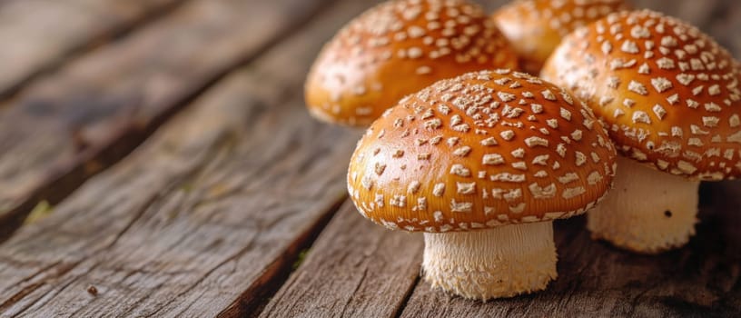 A cluster of lively orange mushrooms with speckled caps rests atop weathered wooden planks showcasing their unique texture.
