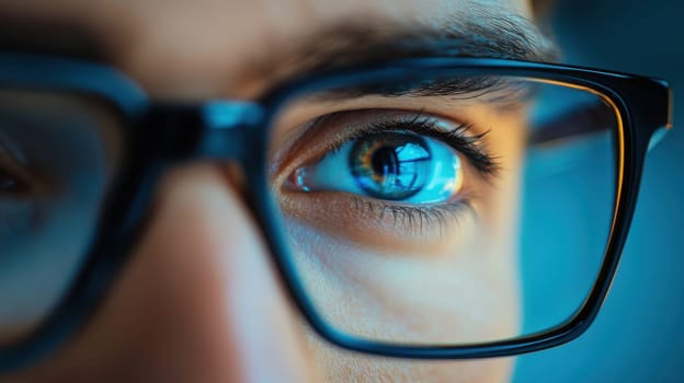 A person with glasses gazes thoughtfully their vivid eye reflecting light and colors showcasing intense focus and clarity.
