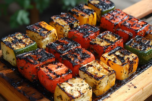 Colorful grilled vegetables on plate represent the freshness and attention to detail of the food, suitable for health communication, advertising healthy food that emphasizes the balance of nutrients.