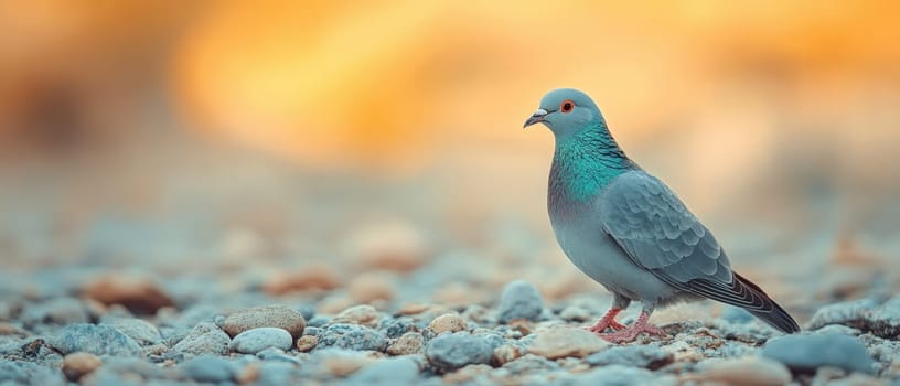 A solitary pigeon explores a pebbly surface its colorful feathers shimmering in the warm sunset light creating a tranquil atmosphere.