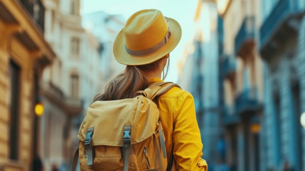 A person in a yellow jacket and hat walks through a lively sunlit urban street taking in the sights and sounds of fall.
