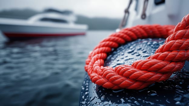A vibrant red rope is wrapped on a boat glistening with droplets in a foggy harbor while another vessel is visible in the background.