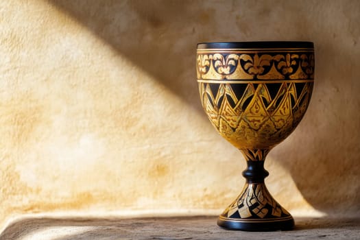 A beautifully designed cup with intricate patterns rests on a surface illuminated by soft natural light showcasing its craftsmanship.