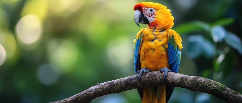 A vibrant parrot stands on a branch showcasing its rich colors and surrounded by lush greenery in a natural setting.