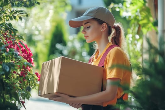 A delivery person in a cap holds a package while walking through a lush garden with vibrant flowers during daylight.