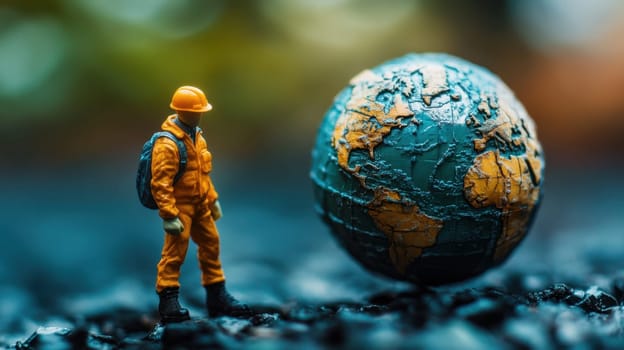 A miniature construction worker in an orange suit stands beside a detailed globe capturing a moment of exploration and contemplation.