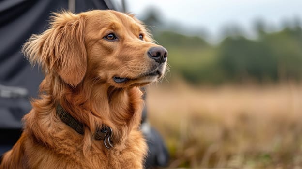 A golden retriever sits calmly in a grassy area gazing thoughtfully into the distance amidst a serene outdoor setting.