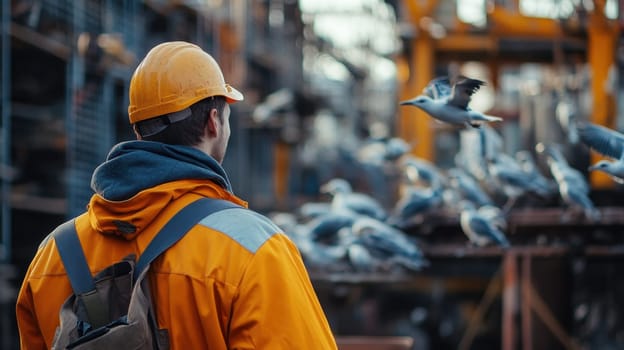 A construction worker in an orange jacket watches seagulls flying around a busy construction area during the day.