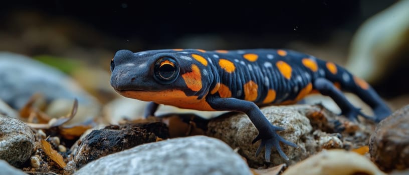 A vibrant salamander crawls over smooth stones in a lush damp environment showcasing its striking orange and black coloration.