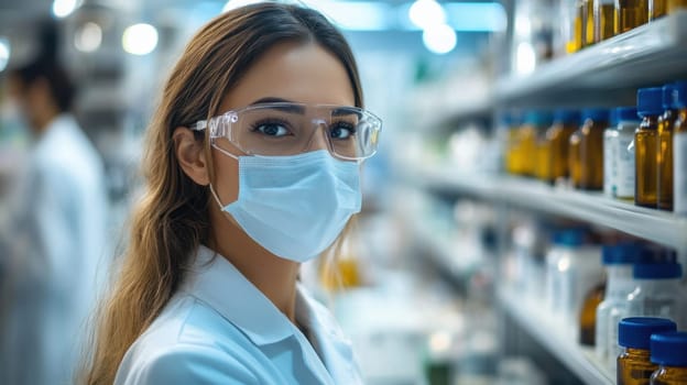 A lab technician wearing protective gear sorts and organizes medical samples on shelves in a research facility during the day.