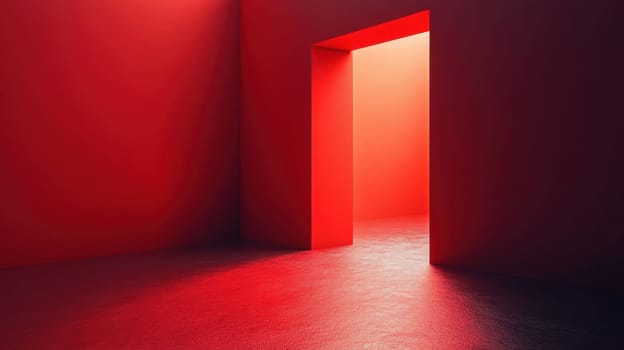 A striking red interior space featuring a prominent doorway that emits a warm glow creating an inviting atmosphere.