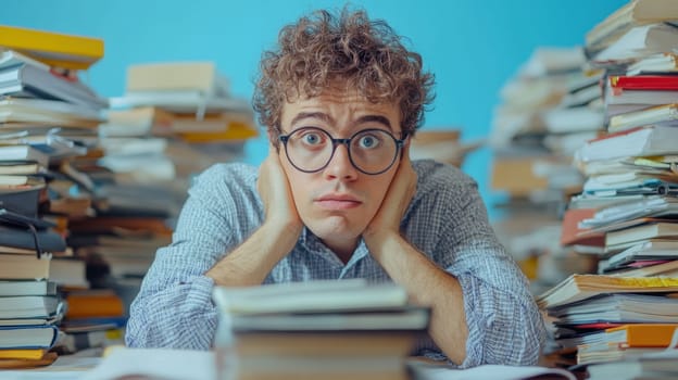 A young man looks overwhelmed as he studies surrounded by tall stacks of books in a cluttered home environment.