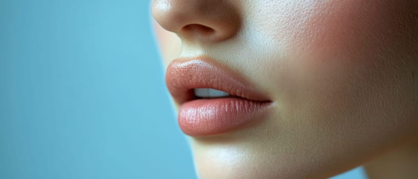 A woman showcases her beautifully defined lips with subtle makeup in a calming blue setting emphasizing natural beauty and elegance.