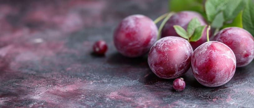 A cluster of fresh ripe plums sits on a textured rustic table showcasing vibrant colors and a hint of condensation.