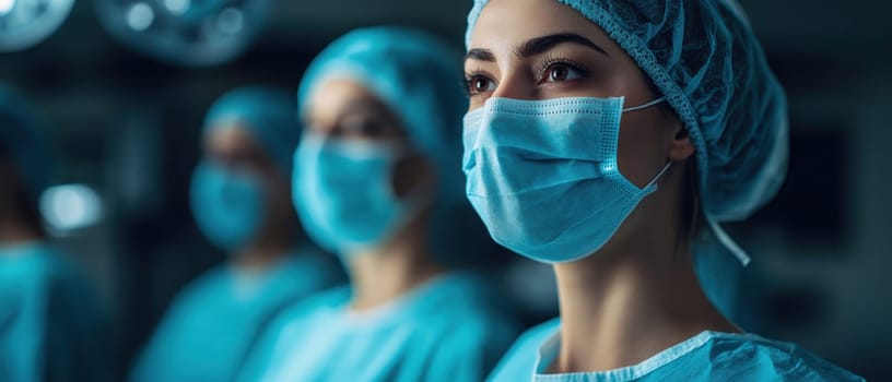 A group of healthcare professionals wear surgical masks and caps focused on the upcoming surgery in a sterile environment.