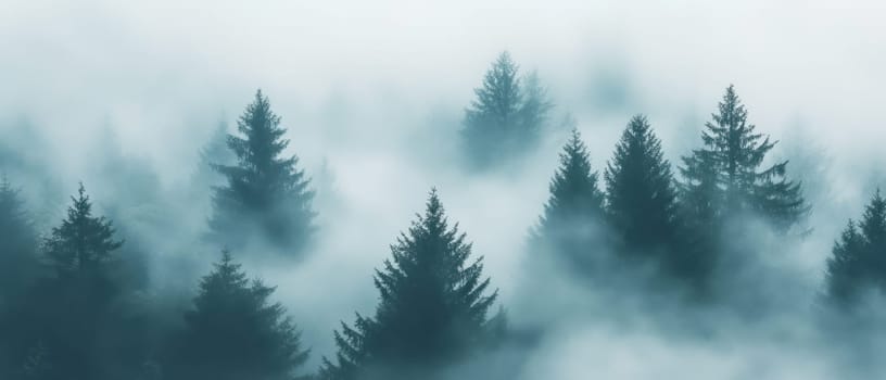 The landscape reveals a tranquil evergreen forest enveloped in thick morning fog creating a mysterious and serene atmosphere.