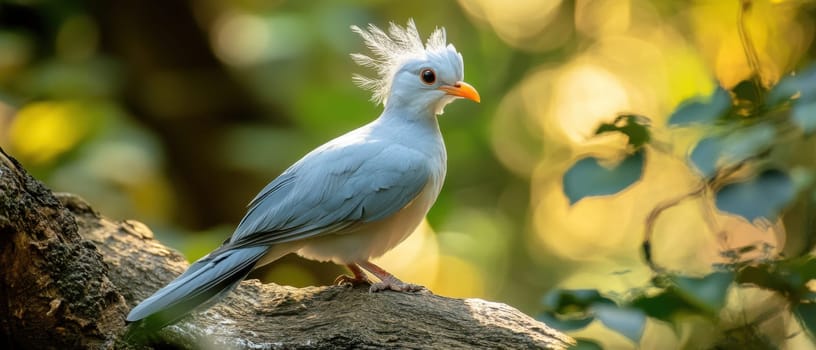 A striking blue bird with a unique crest rests on a tree branch surrounded by vibrant foliage during daylight.