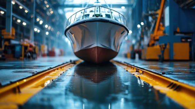 A boat sits on rails in a spacious workshop illuminated by soft lights with a reflective floor creating a serene evening atmosphere.