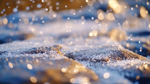 Water droplets sparkle on a rough stone surface as soft light filters through creating a tranquil and refreshing atmosphere.