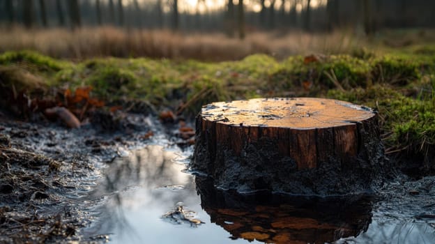 A tree stump sits in a wet area surrounded by grass and trees reflecting the serene landscape in the puddle at dusk.
