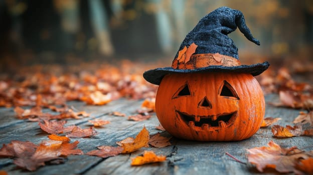 A carved pumpkin with a witch hat sits among colorful autumn leaves creating a festive Halloween atmosphere in a serene outdoor setting.