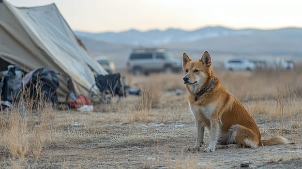 A relaxed dog sits by a campsite surrounded by vehicles and dry grass under a soft evening light in a tranquil outdoor setting.
