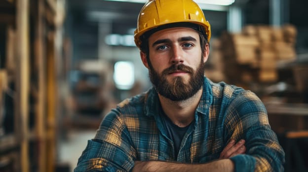 A young man wearing a yellow hard hat and flannel shirt poses with arms crossed in a busy warehouse filled with wooden materials.
