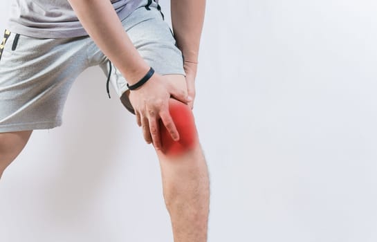 Medical problem of knee pain. Sore man with knee pain isolated. Person with knee pain isolated
