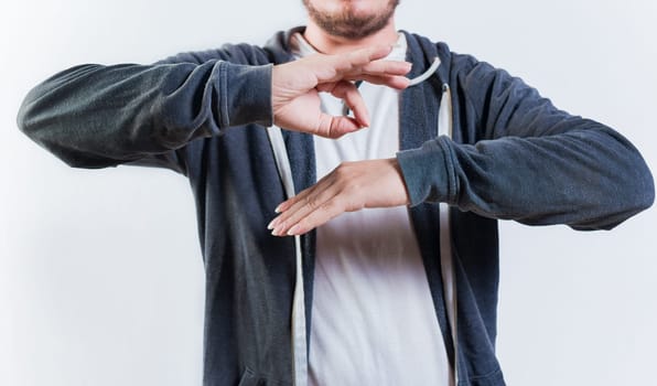 Male interpreter talking in sign language. People talking in sign language isolated. Unrecognizable man gesturing in sign language