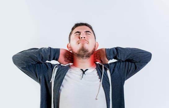 Sore person with neck pain isolated. Neck pain and stress concept