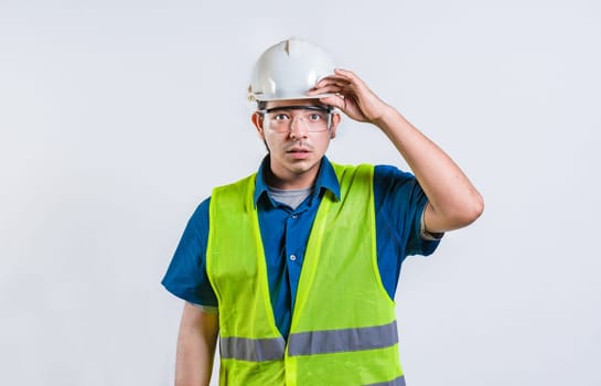 Surprised man engineer looking into the distance. Amazed engineer looking into the distance isolated. Young engineer looking far away