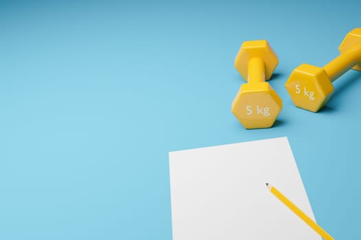 Two yellow dumbbells on a blue background with sheet of paper and space for text or product, new me concept, 3d rendering