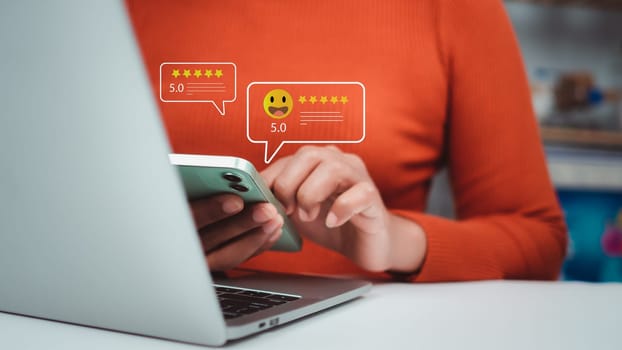 Businesswoman holding smartphone ask customers about their service experience and Rating for a satisfaction survey, Evaluation of product service quality by customers, Positive customer feedback.